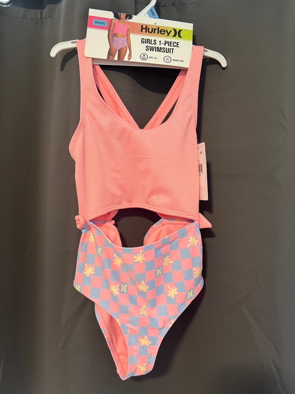Hurley Pink and Light Blue Girls' One-Piece Swimsuit with Checker Print